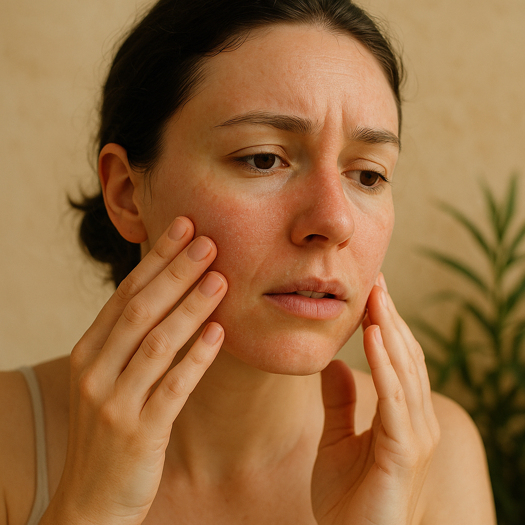 Close-up photograph of a person's cheek showing symptoms of over-exfoliation including redness, dryness, and slight peeling, with a blurred beige background.