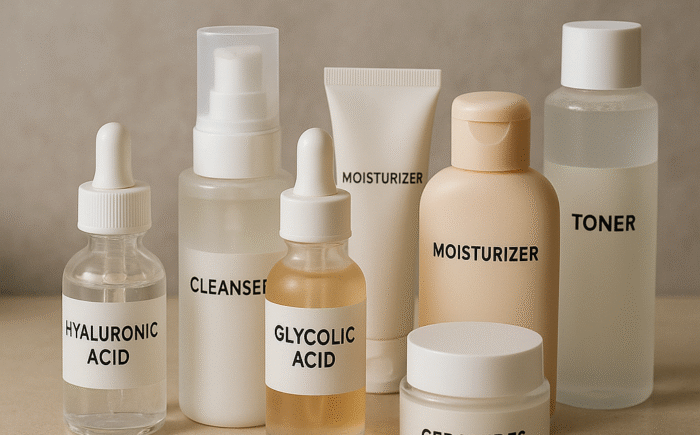 Skincare products on vanity