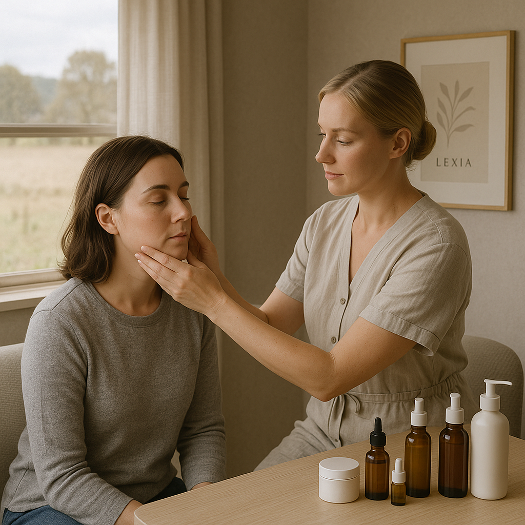 Skincare consultant examining a client's skin with advanced tools in a serene, warmly-lit room.
