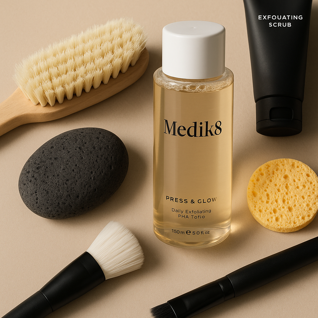 A serene spa setting with premium skincare products, including exfoliation serums and creams, on a beige countertop with sunlight filtering in.