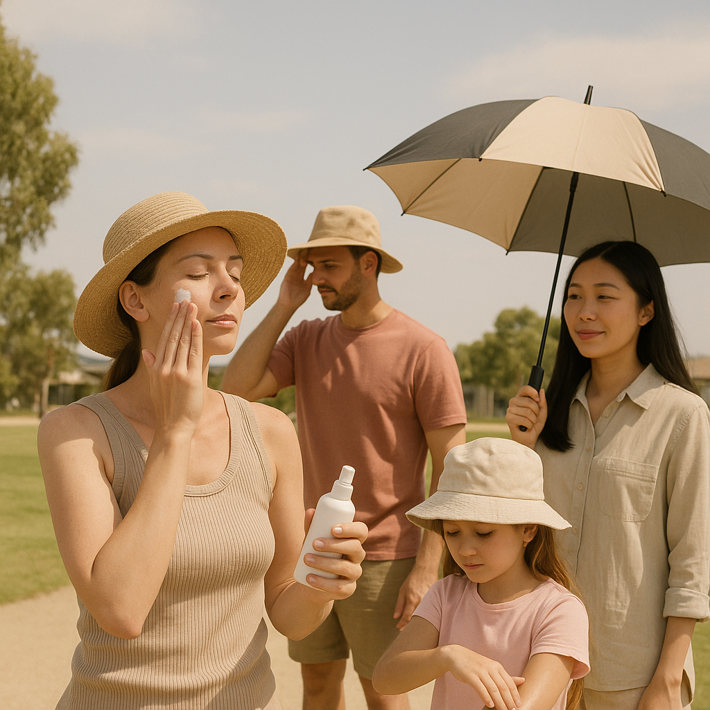 Young woman with naturally glowing skin enjoying a sunny day outdoors in a park, against a blurred background with beige and green tones, highlighting Brabham's semi-rural environment.