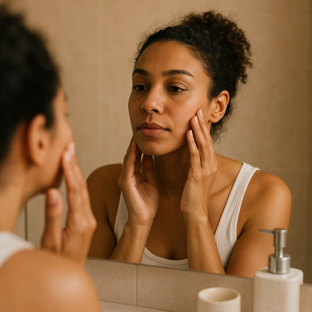 A diverse group of people examining their skin under soft lighting, showcasing different skin types with skincare products in black and grey packaging.