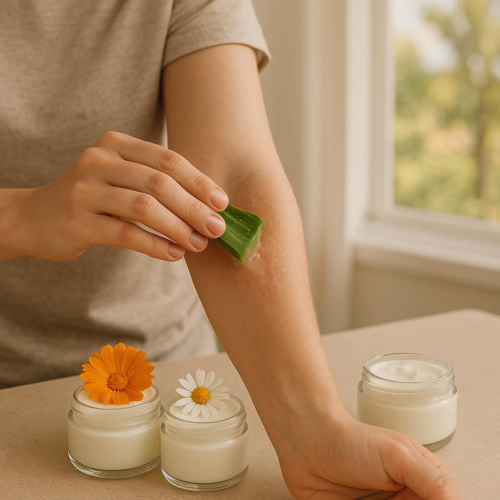 A person meditating on a beige blanket surrounded by greenery, with natural skincare items like aloe vera leaves and essential oil bottles on a tray, under a blue sky in Heathridge.