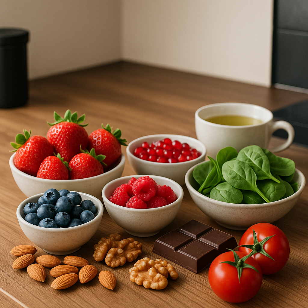 Mediterranean-inspired salad with spinach, tomatoes, berries, sliced almonds, and a bowl of dark chocolate on a beige background.