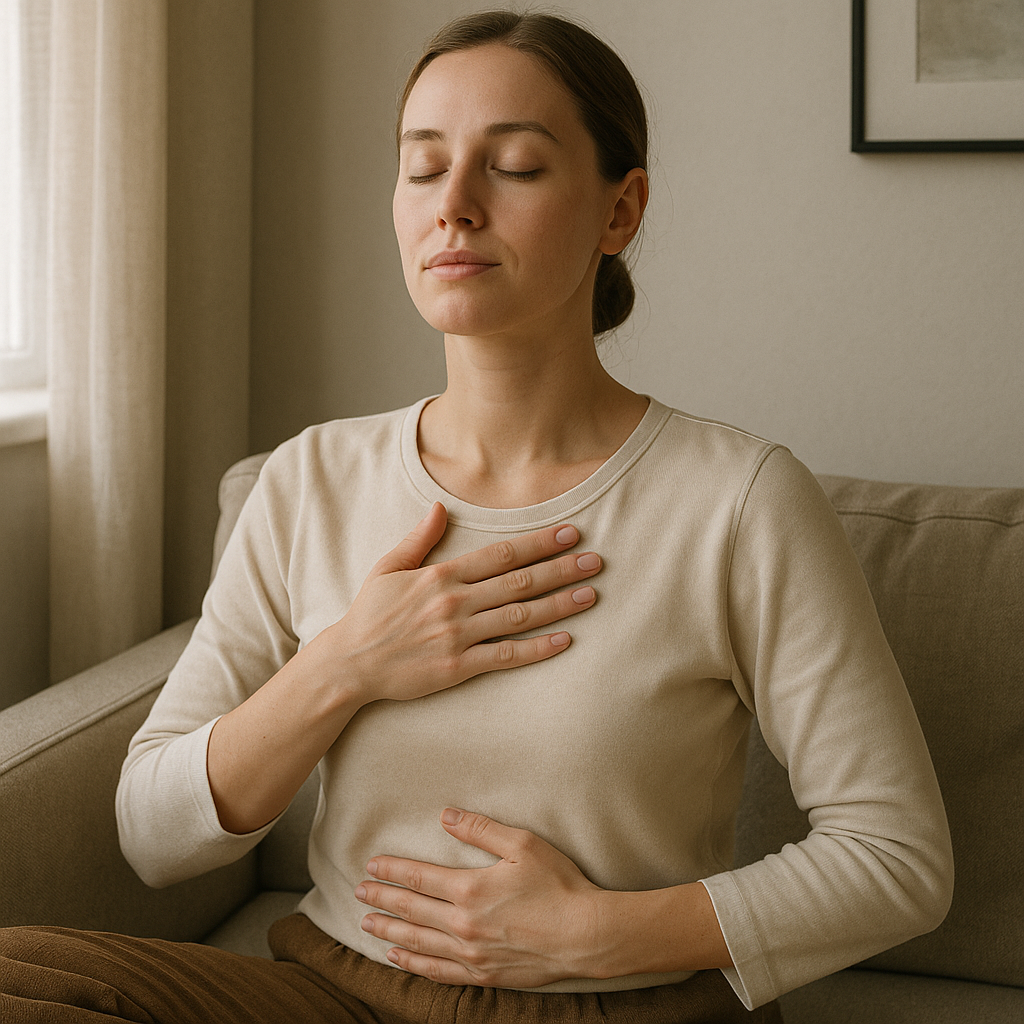 Individual practicing mindfulness meditation in a serene, natural setting with soft beige and earth tone elements, eyes gently closed, evoking calm and focus for stress management and eczema relief.