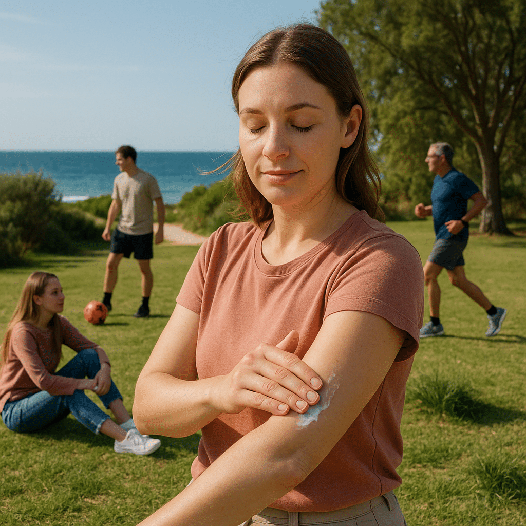 A family at Padbury park, with a mother checking her child's arm for skin allergies, surrounded by lush greenery and coastal flora in soft, natural sunlight.