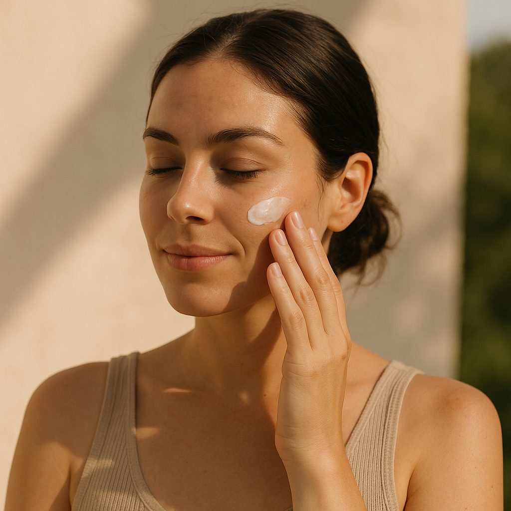 Alt text: A collection of skincare products for combination skin on a beige background, featuring gel-based moisturizers, water-based creams, and oil-free formulations in sleek packaging. The products display labels with modern beauty branding, illuminated by natural light to highlight their textures and colors in blues, greens, and whites.