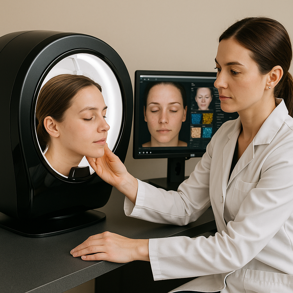 A cutting-edge skin analysis tool in a modern dermatology clinic, highlighting advancements in personalized skincare solutions.