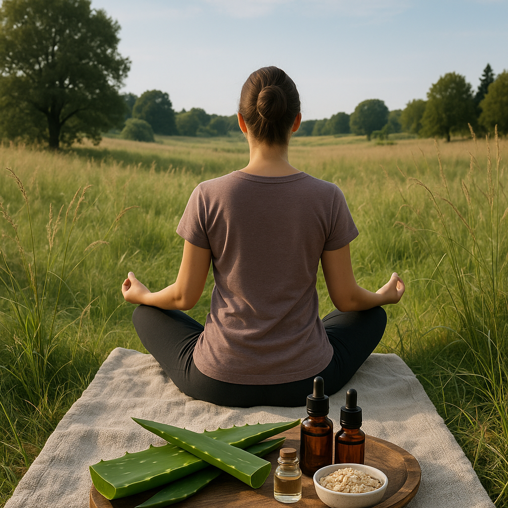A person applying aloe vera gel to their forearm surrounded by jars of chamomile and calendula lotions on a beige counter, with natural lighting and a glimpse of Heathridge's outdoors through an open window in the background.