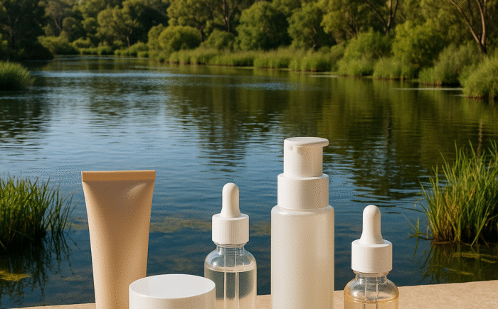 Skincare products with Yellagonga park background