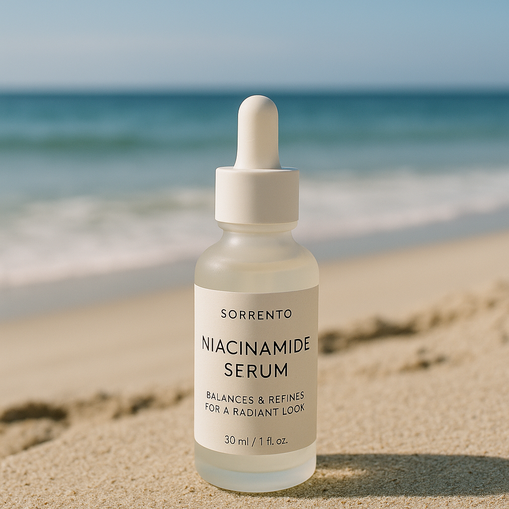 Woman applying niacinamide serum to her face with a beach in Sorrento as the backdrop.