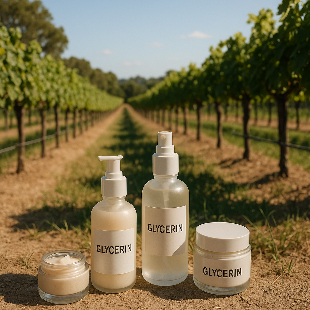 A sunlit bathroom counter with a selection of glycerin and ceramide skincare products in sleek black and grey containers on a marble surface, including moisturizer, cleanser, serum, cream, lotion, and mask.