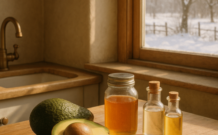 Winter kitchen with natural skincare ingredients