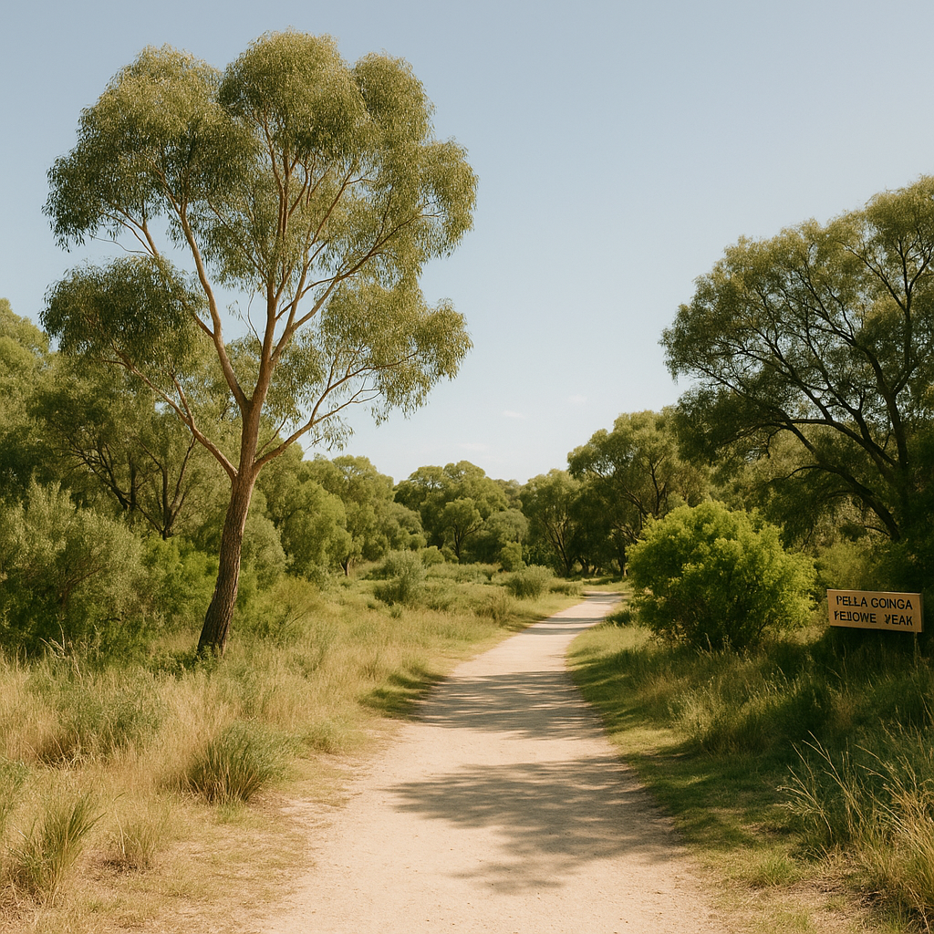A collection of skincare products displayed on a beige surface with Yellagonga Regional Park's greenery in the background under natural sunlight.