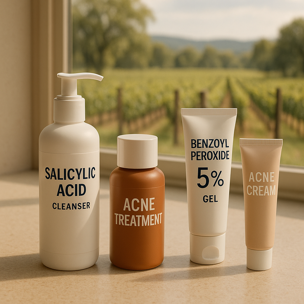 Tranquil rural landscape in Baskerville with acne treatment products on a wooden table.