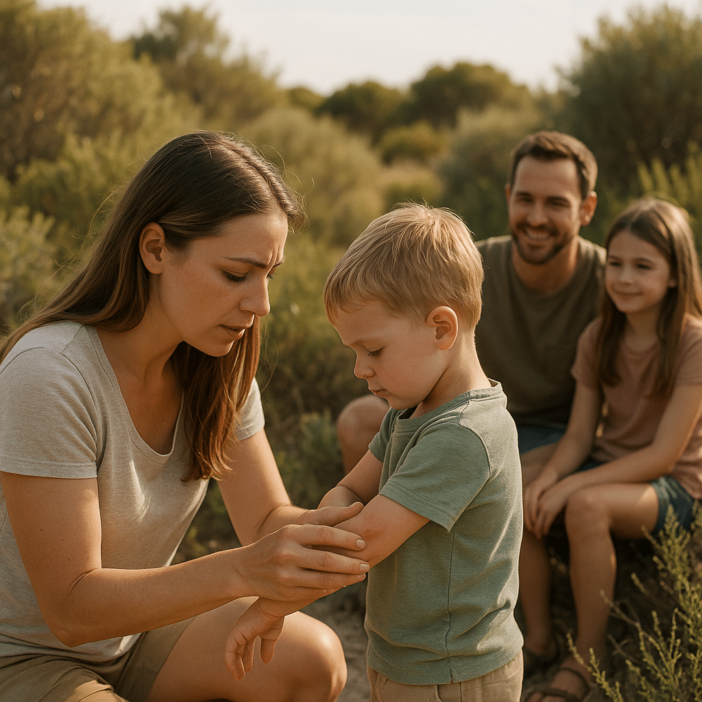 A serene coastal park setting with a diverse group enjoying a sunny day, featuring a woman applying skincare to her arm against a backdrop of swaying greenery.