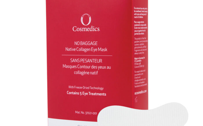 Red packaging of collagen eye mask with white eye patch.