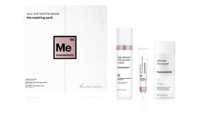 Mesoaesthetic skincare set including cream, peel, and serum.