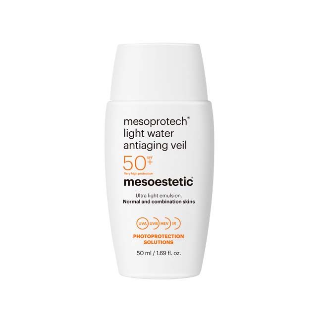 Mesoestetic light water antiaging veil SPF 50+ bottle.