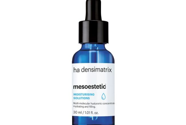 Blue bottle of Mesoestetic HA Densimatrix moisturizing serum.