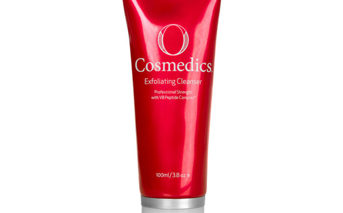 Bright red tube of O Cosmedics Exfoliating Cleanser.