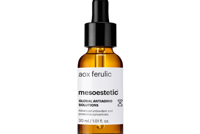 Amber bottle of Mesoestetic AOX Ferulic anti-aging serum.