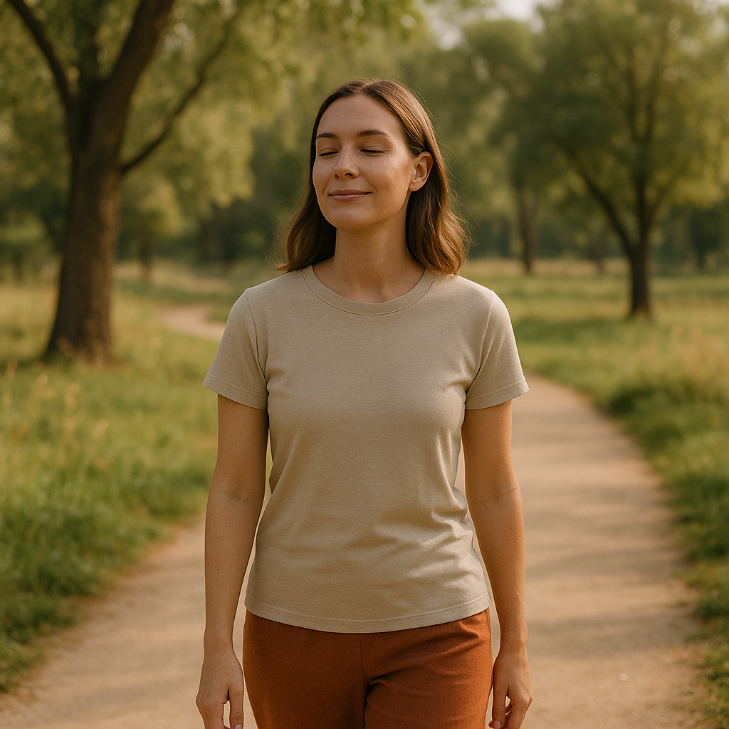 Person in nature expressing relief from eczema, surrounded by lush greenery and soft sunlight.
