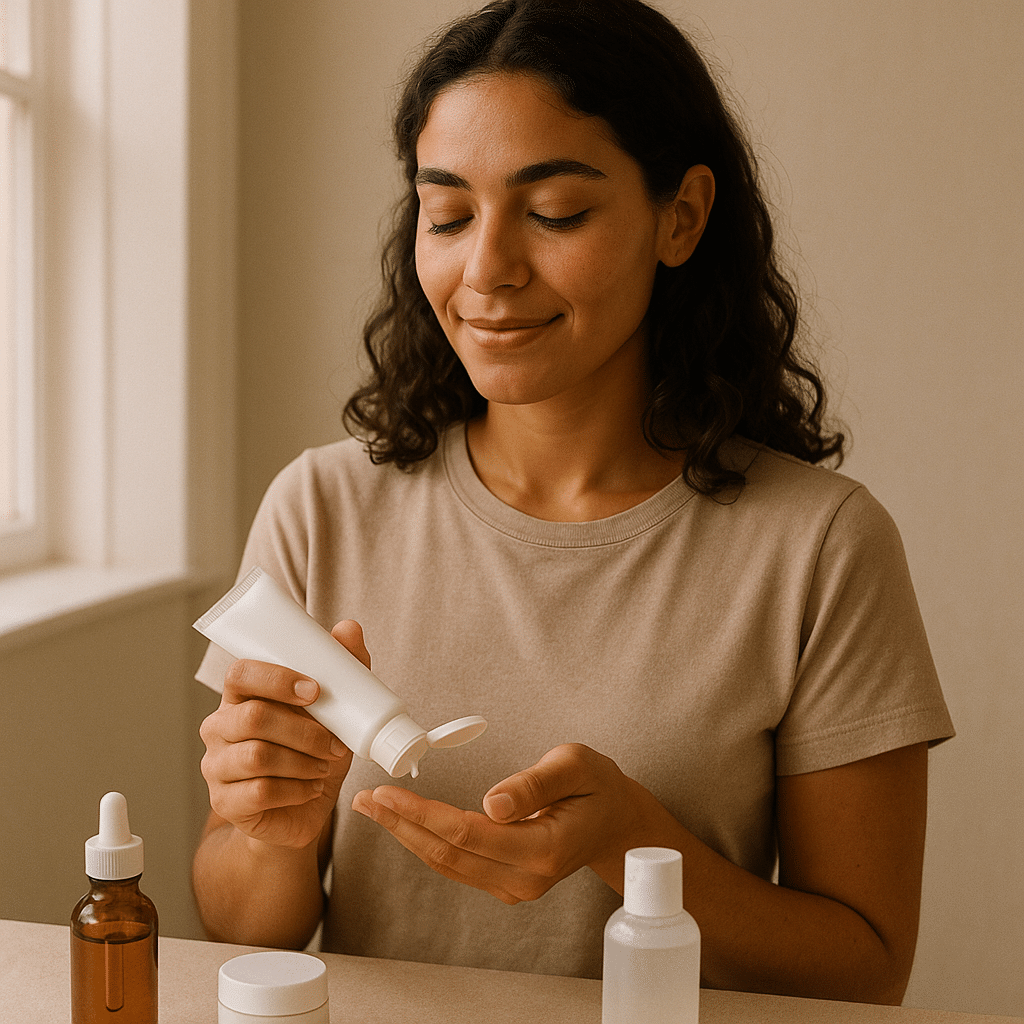 Woman in her late 20s thoughtfully examining skincare product labels in a softly lit room with beige walls and a window showing mixed skies.