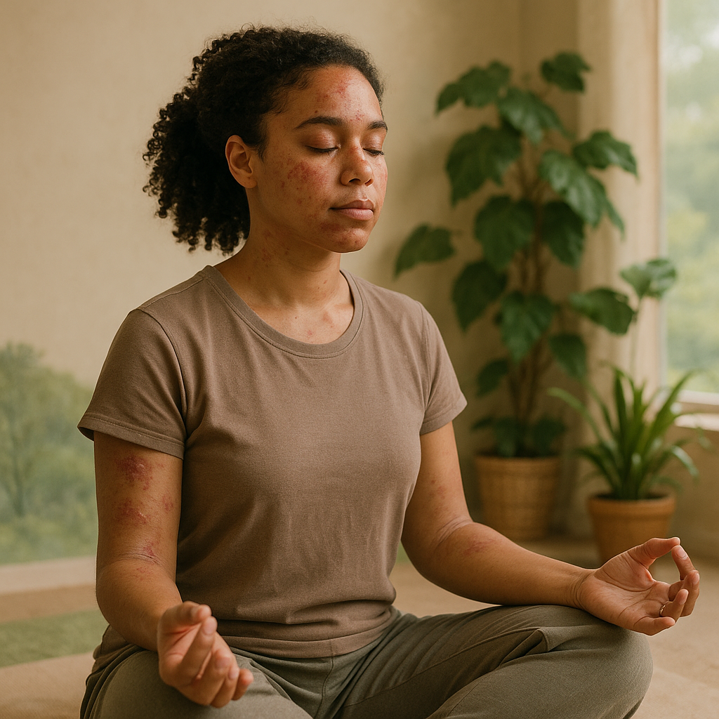 A woman with clear, healthy skin practices deep breathing exercises on a beige couch in a sunlit room, exuding calm and relaxation.