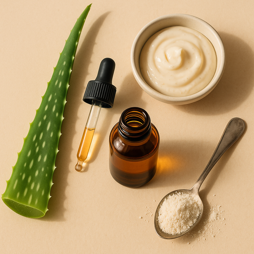 A serene Mullaloo beach scene during sunset with natural skincare ingredients like aloe vera leaves, orange slices, and a rosehip oil dropper bottle on a beige cloth in the foreground.