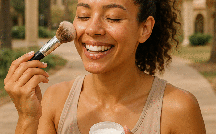 Woman applying setting powder in park
