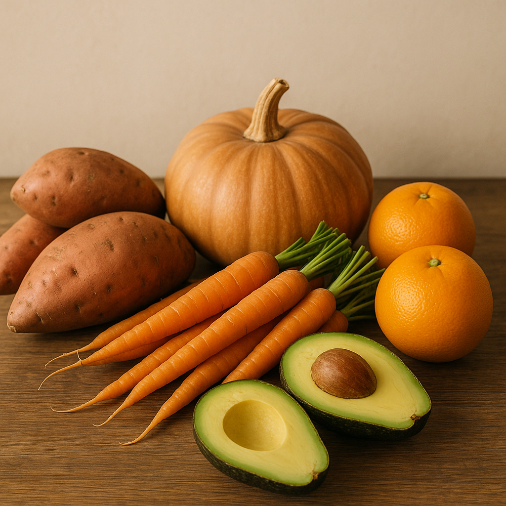 A rustic kitchen table with fresh, locally-sourced produce from Brabham, including avocados, carrots, sweet potatoes, pumpkins, and oranges, in soft natural lighting.