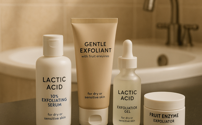 Gentle exfoliants displayed on countertop