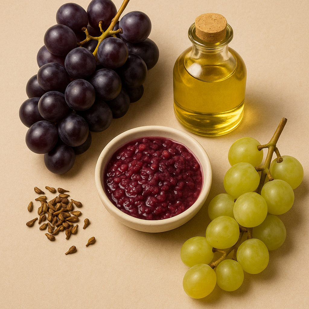 Tranquil vineyard setting with skincare products on a small wooden table amidst grapevines.
