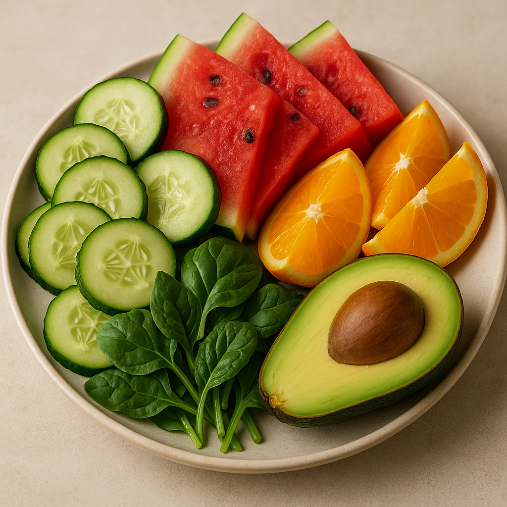 Assortment of fresh foods on a kitchen countertop, including cucumbers, watermelon slices, oranges, avocados, a bowl of mixed nuts and seeds, a glass of coconut water, and a cup of green tea, set against a beige background.