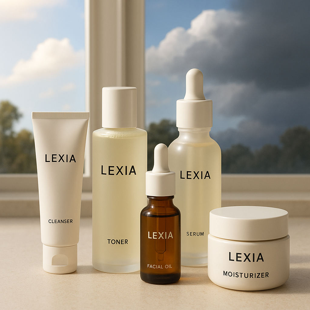 A serene skincare clinic reception area with beige walls, black and grey accents, soft natural lighting, minimalistic furniture, potted plants, and Lexia skincare products neatly displayed, reflecting Bare Skin and Beauty’s aesthetic in Perth.
