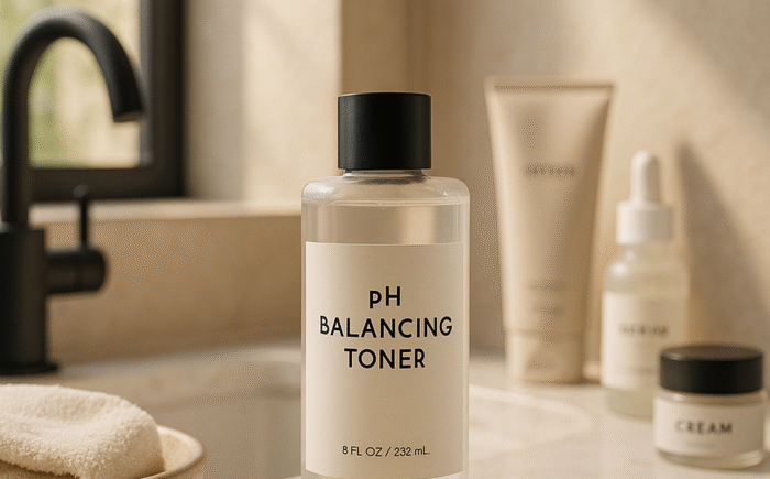Minimalist bathroom skincare toner display