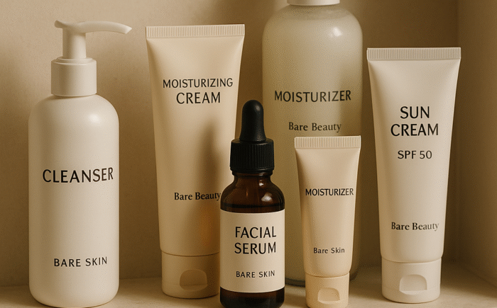 Skincare products displayed on bathroom shelf