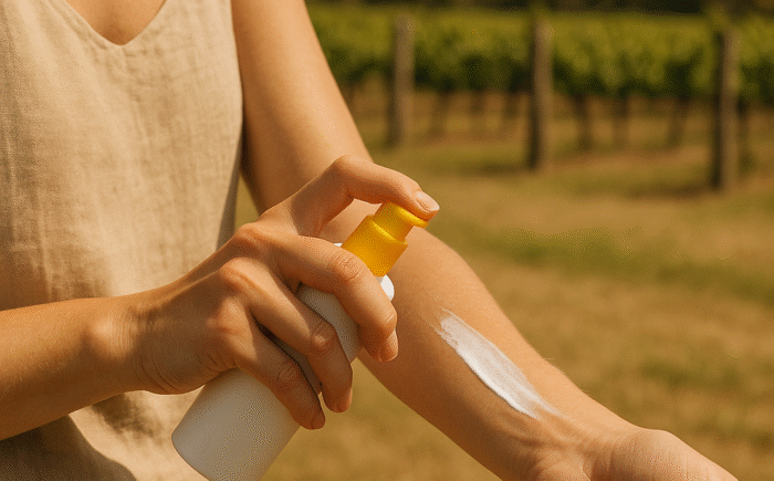 Sunscreen application with vineyard in the background