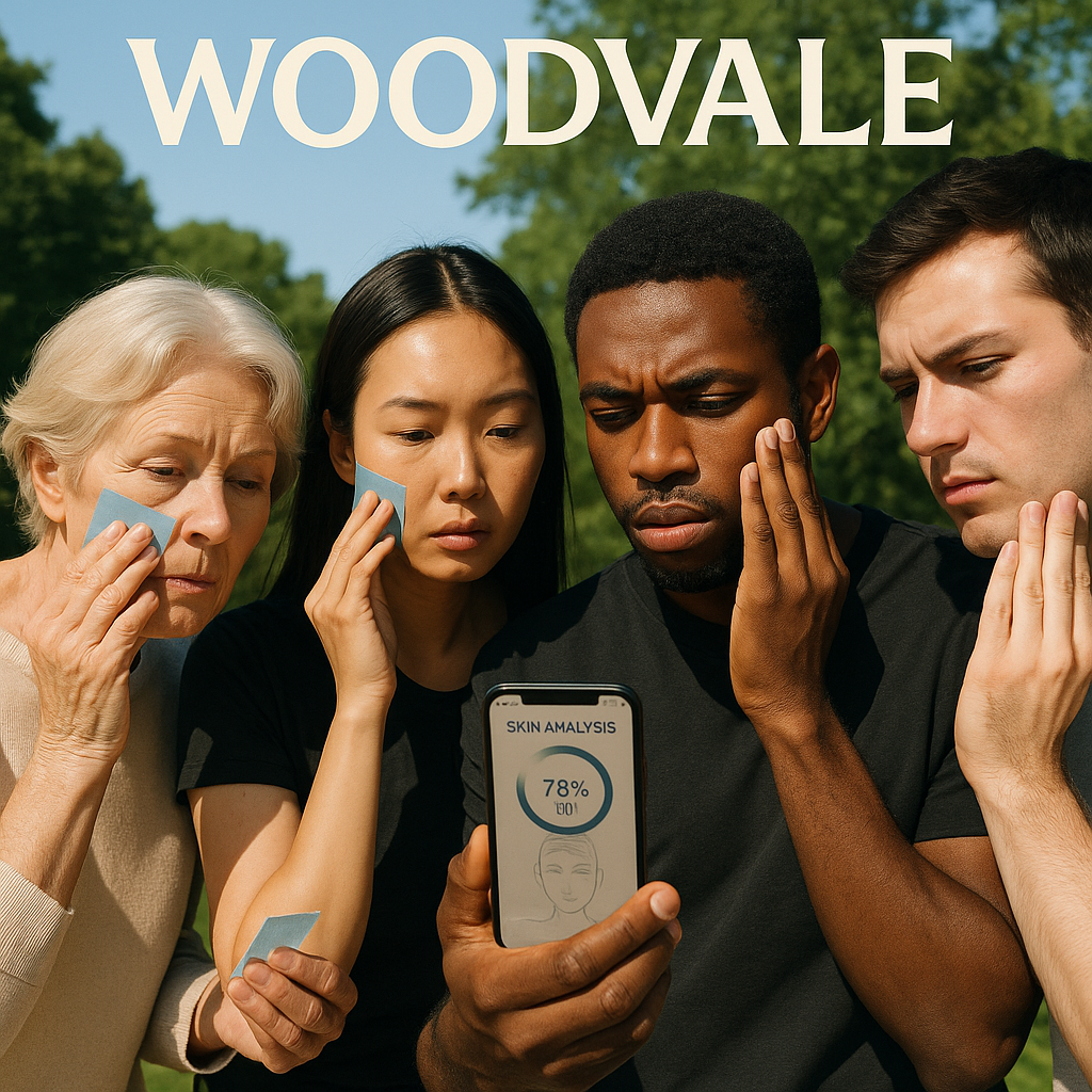 A diverse group of people examining their skin with various skincare tools in a softly lit setting.