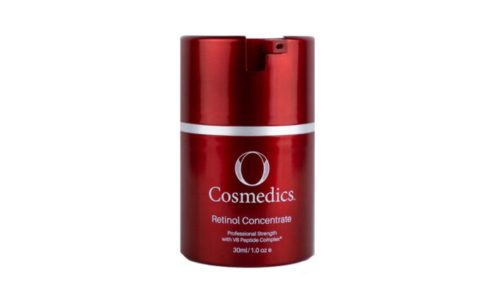 Red bottle of O Cosmedics Retinol Concentrate, 30ml.