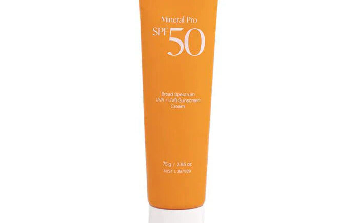 Orange tube of O Cosmedics Mineral Pro SPF 50 sunscreen.