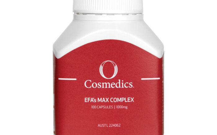 O Cosmedics EFA's Max Complex supplement bottle, 100 capsules.