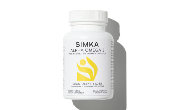 SIMKA Alpha Omega-3 supplement bottle on white background.