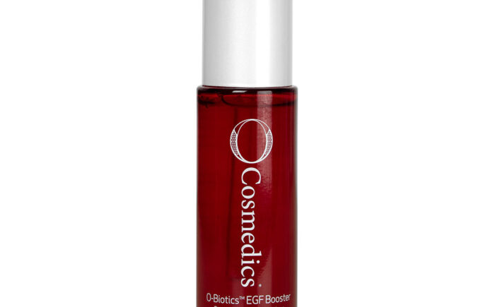 Red O Cosmedics serum bottle on white background.