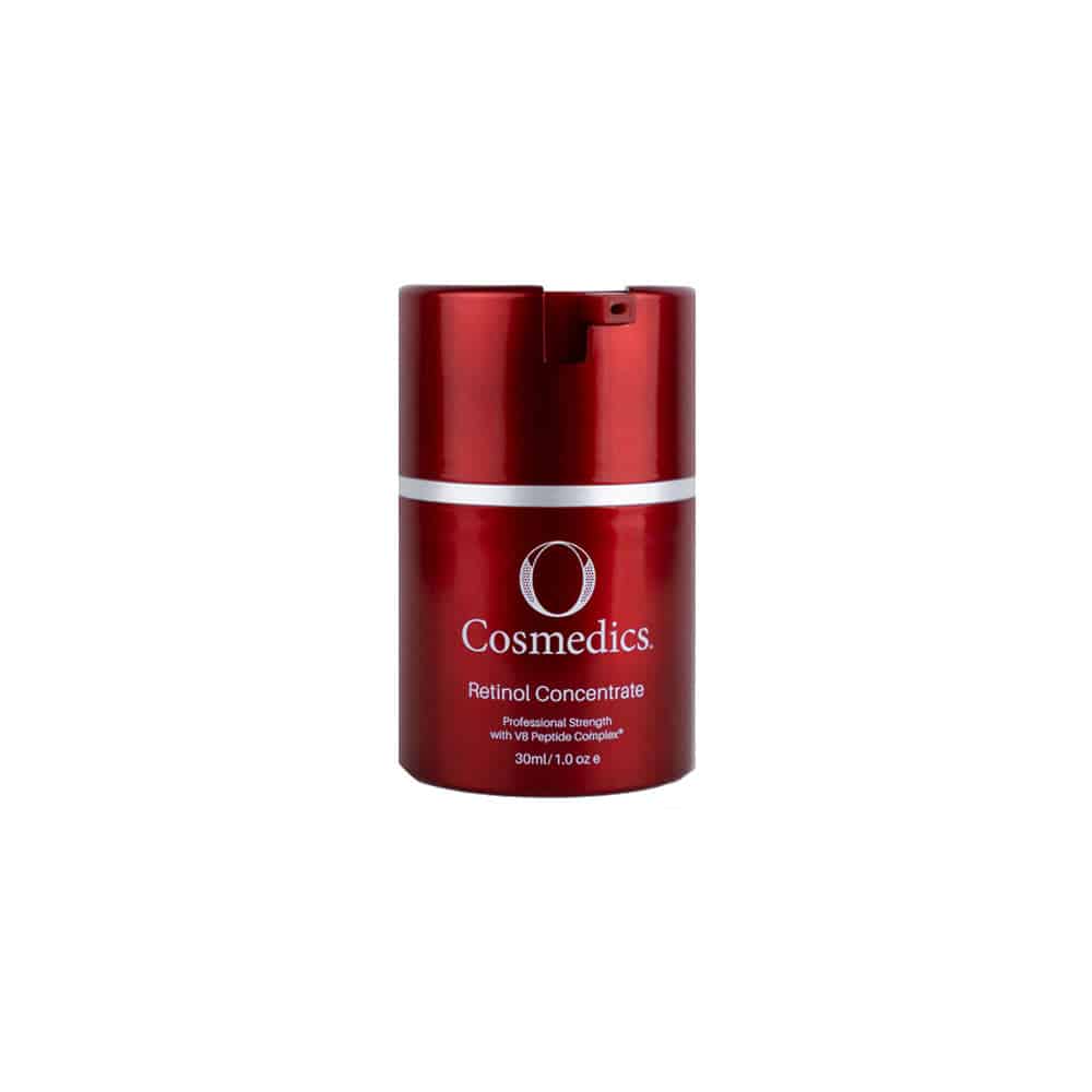 Red Cosmedics Retinol Concentrate bottle on white background.