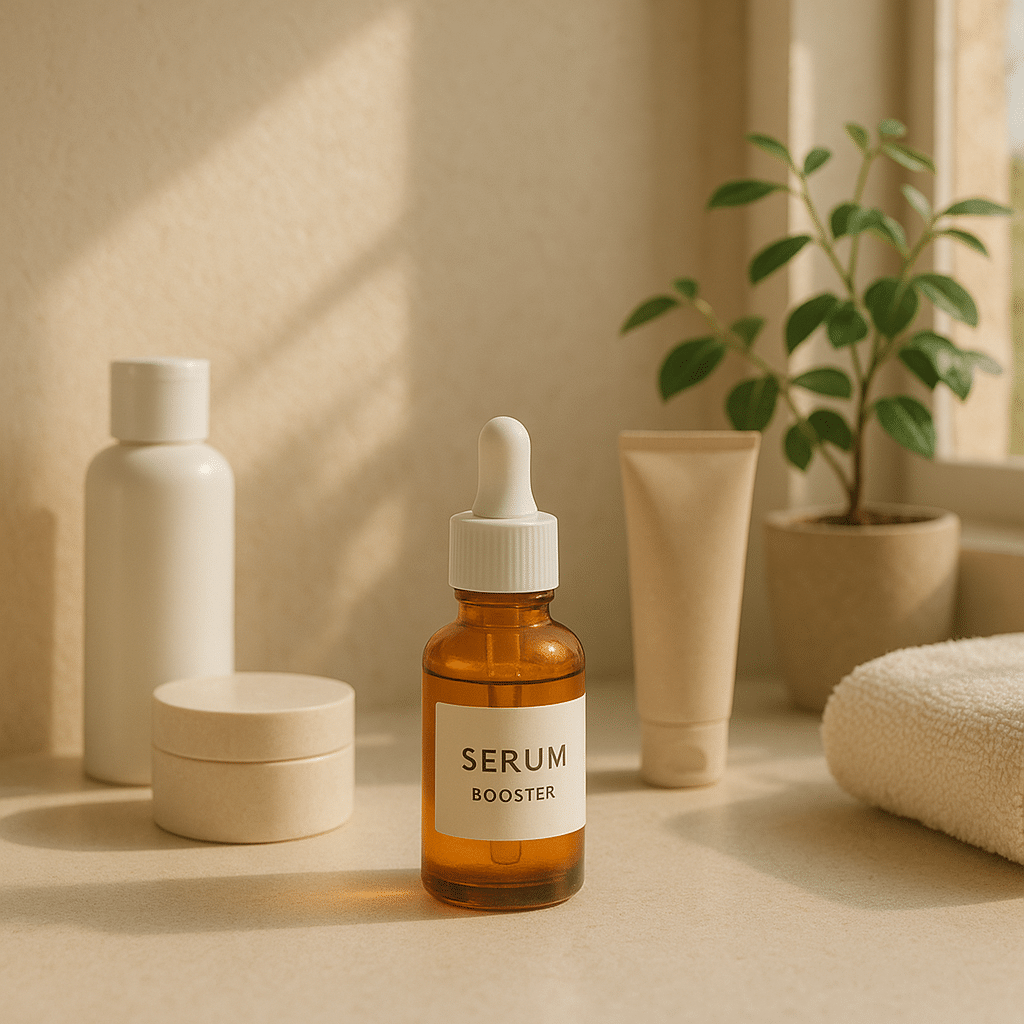 Elegant display of skincare products on a white counter with a serum booster bottle, eucalyptus leaves, and smooth stones.