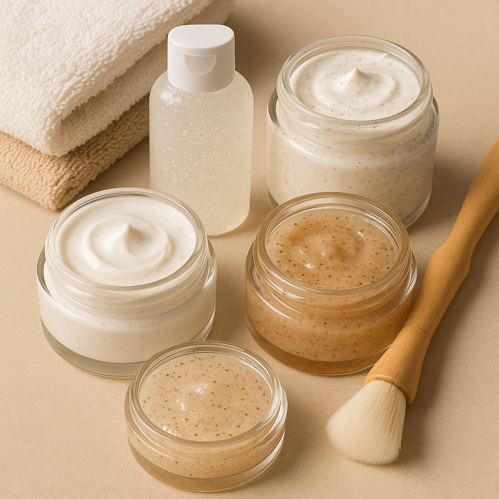 Gentle exfoliant products on a black countertop in a serene, beige-toned bathroom setting.