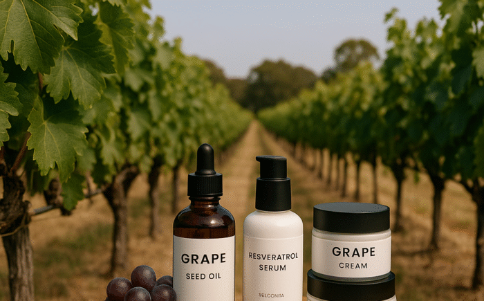 Vineyard skincare products on table