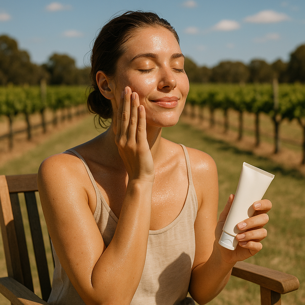 A close-up of a woman's hand applying sunscreen to her forearm in an outdoor setting in Baskerville, with natural lighting and a vineyard landscape in the background.